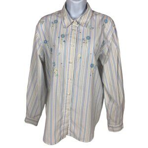 Napa Valley Button Down Blouse Women Size M Medium Embroidered Flowers Stripes